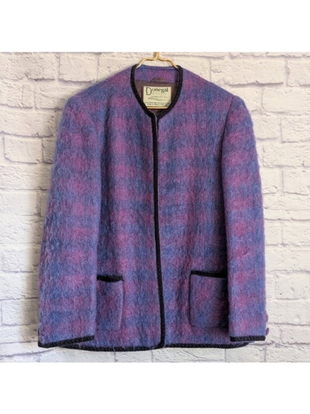 Vintage Donegal Design Irish Mohair Plaid Jacket L Blue Pink Tartan Fuzzy 90s